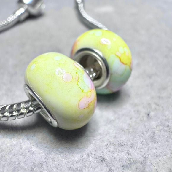 Yellow Pastel Spacer Beads Set Watercolor Swirls Fits Pandora Bracelet - Picture 5 of 10